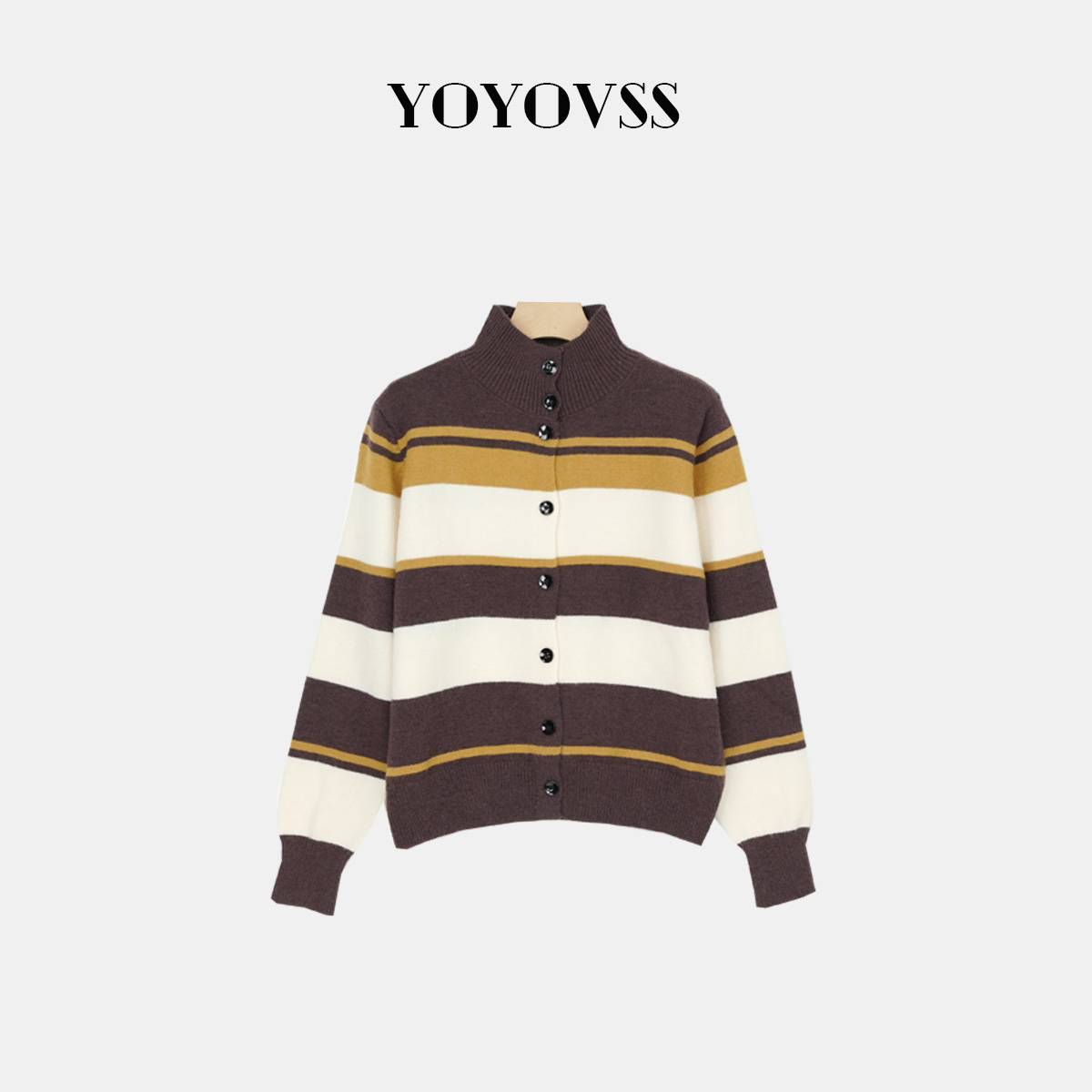 欧货撞色条纹翻领毛衣半高领休闲针织衫单排扣显瘦百搭长袖上衣女