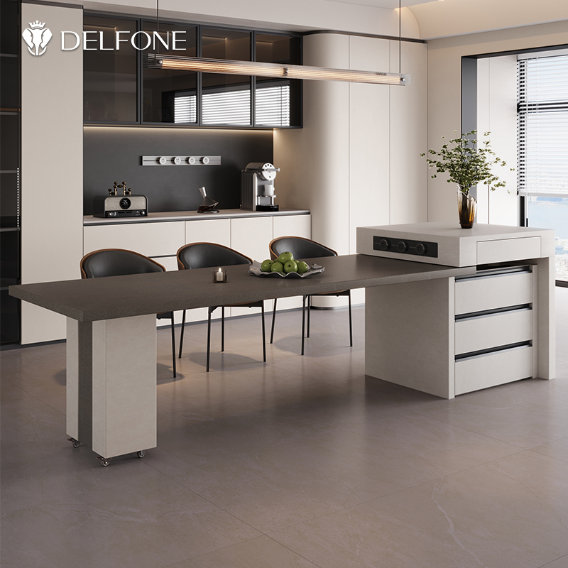 德利丰岩板岛台餐桌一体可伸缩美拉德色系高端家用北欧现代中岛台