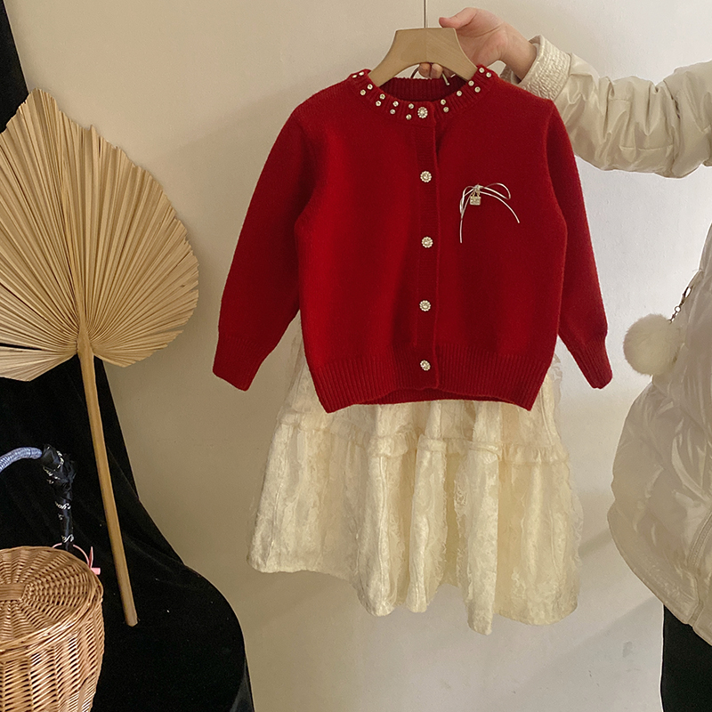 R24583女童2025秋冬套装水钻蝴蝶结毛衣开衫丝绒蕾丝加绒半身裙潮