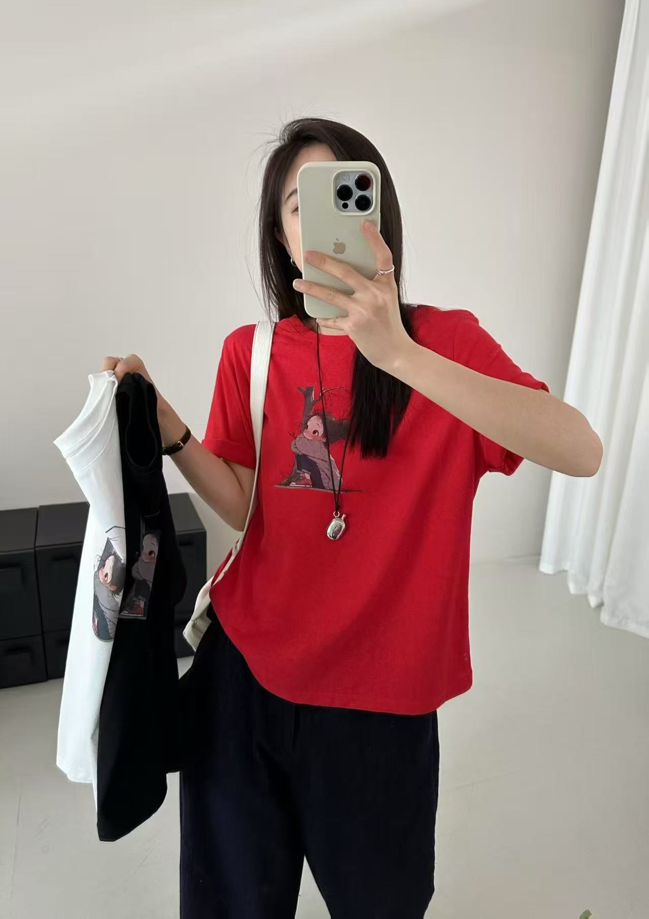 2025年特价女款双纱棉小女孩红色宽松短袖