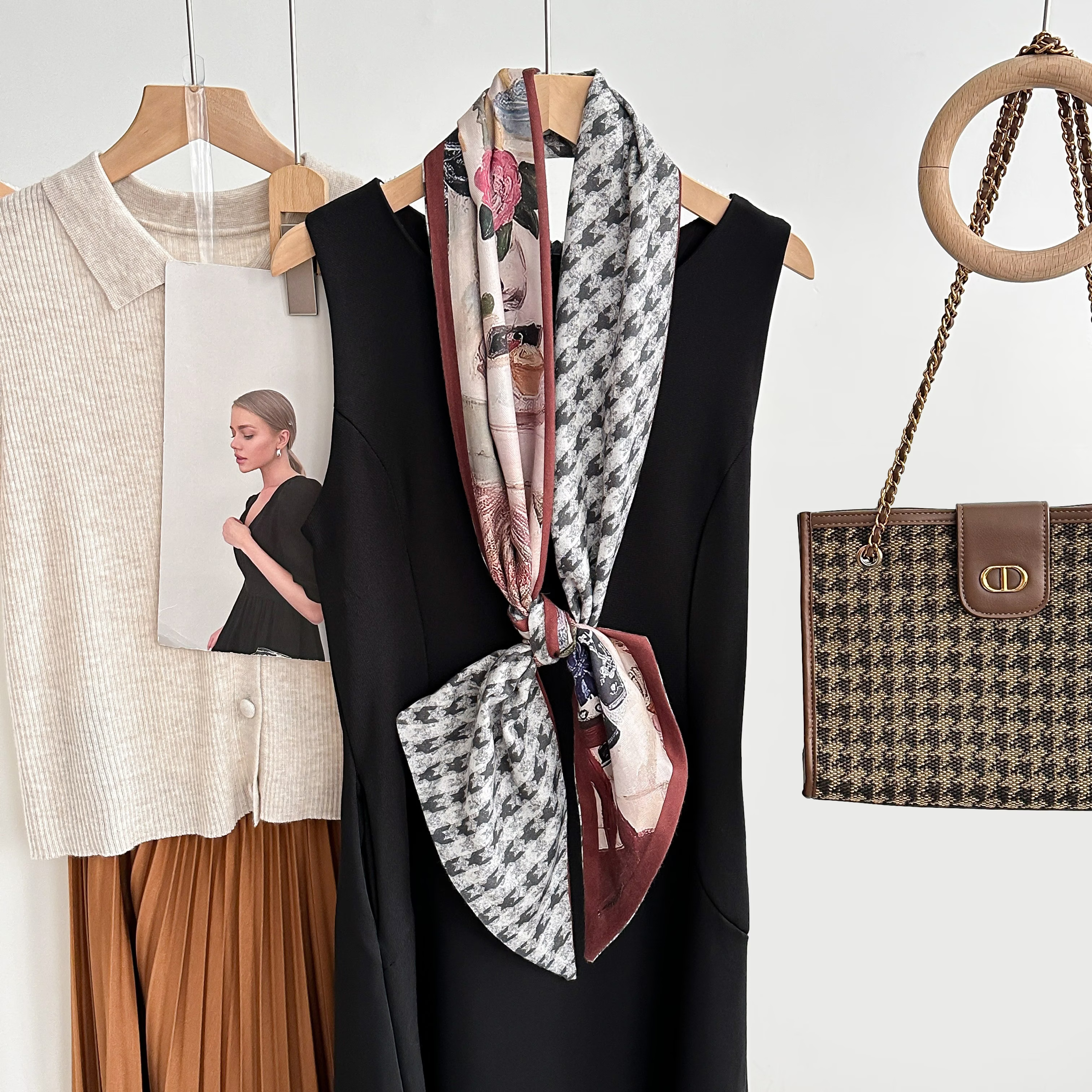 【玫瑰千鸟格】16*145丝毛双层斜角长条巾飘带时尚百搭装饰领巾秋冬