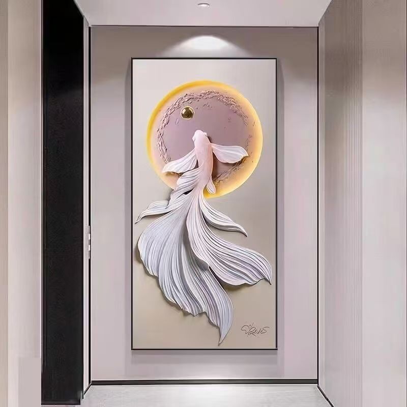 好运锦鲤轻奢入户玄关装饰画现代简约竖版走廊尽头大气挂画