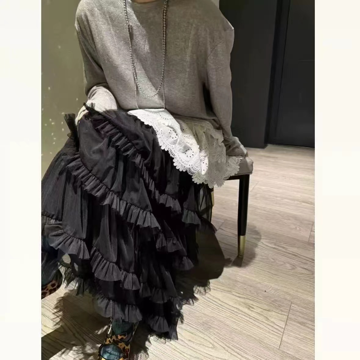 （珍妮）2025新款韩版百搭显瘦网纱拼接中长A字半身裙女潮流C321