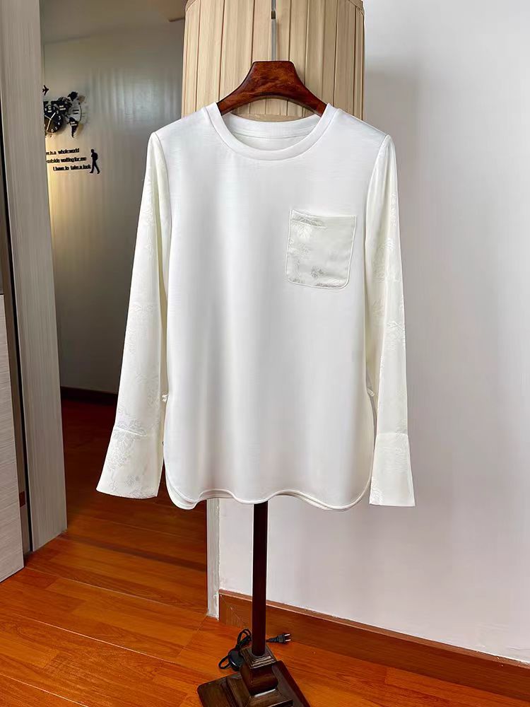 秋季国风气质复古提花长袖拼接圆领T恤女新中式简约纯色宽松上衣