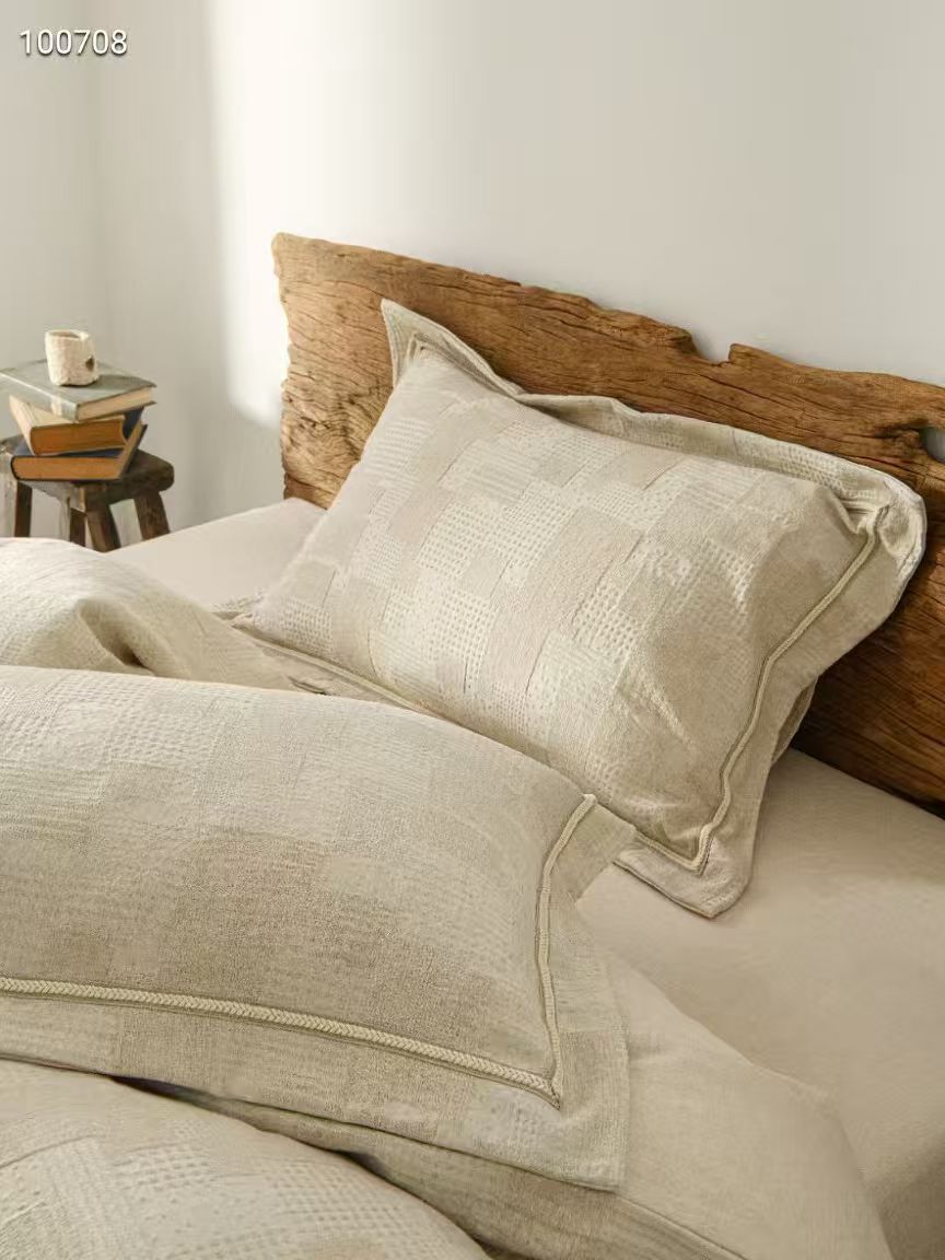 加厚保暖秋冬款-亚麻+长绒棉色织提花四件套双层纱棉麻床品雨露麻