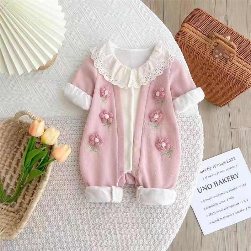 婴幼儿春秋长袖六朵双层花女宝宝洋气连体衣