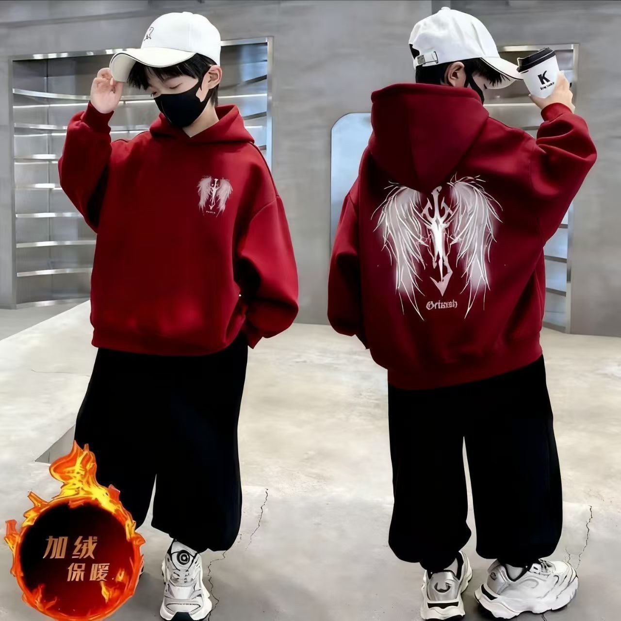 男童秋冬加绒加厚蓝色连帽卫衣洋气百搭新年服冬款