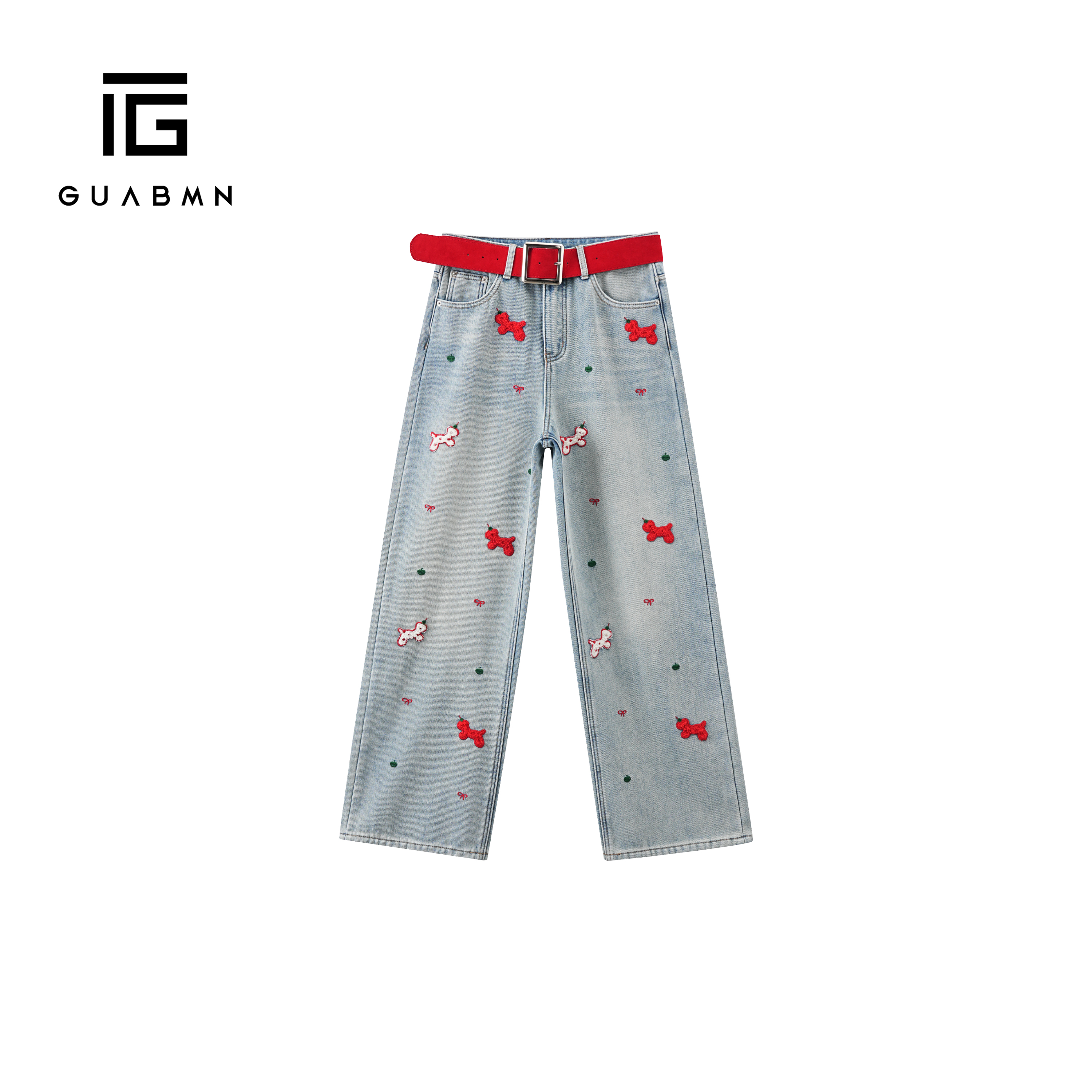 GUABMN2025冬季新品立体小狗刺绣加绒显瘦直筒阔腿牛仔裤6035