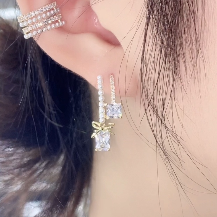 铜合金锆石耳饰 爆闪方糖蝴蝶结小众镶钻耳环时尚高级感轻奢气质