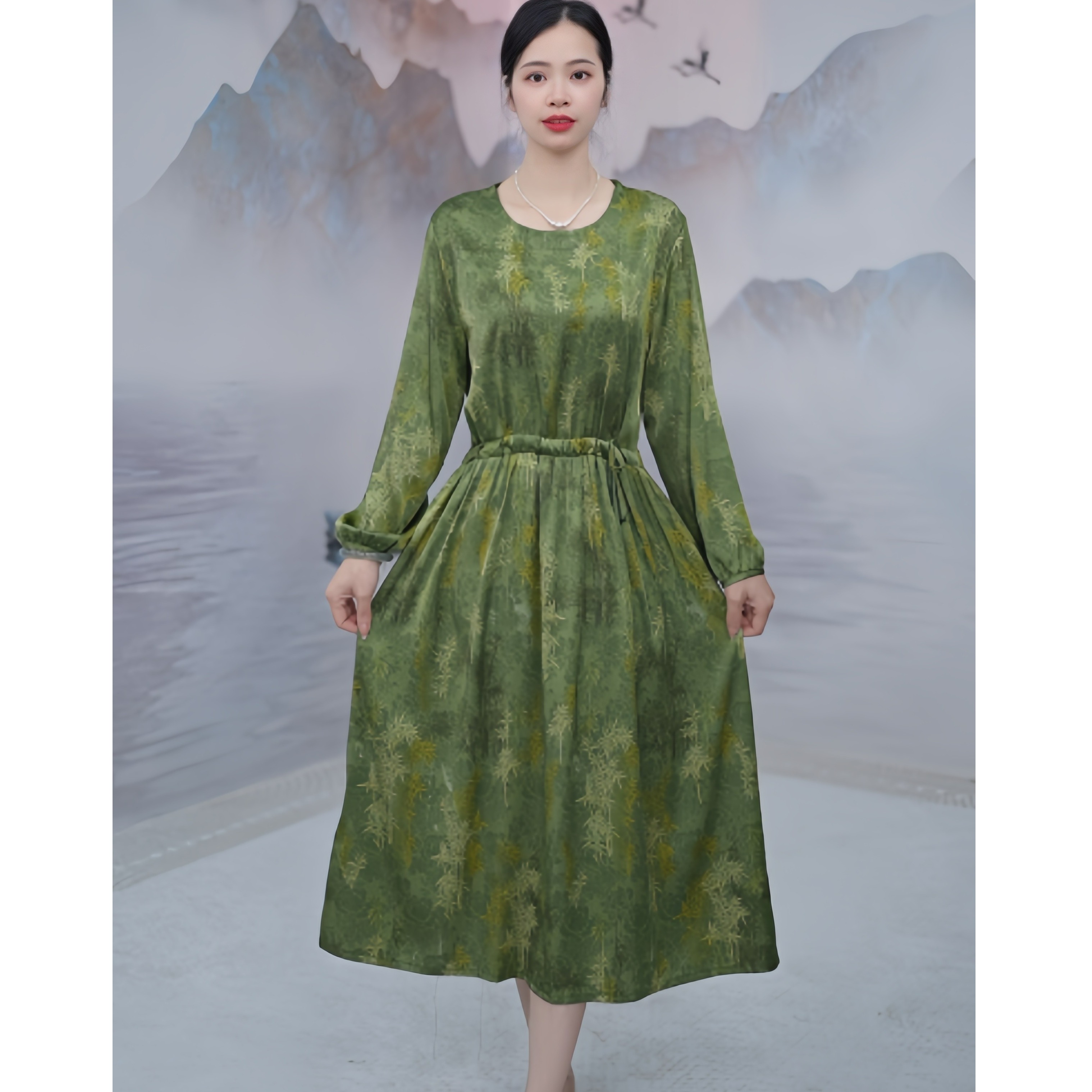 2743   时尚气质富贵竹印花圆领系带显瘦女装连衣裙