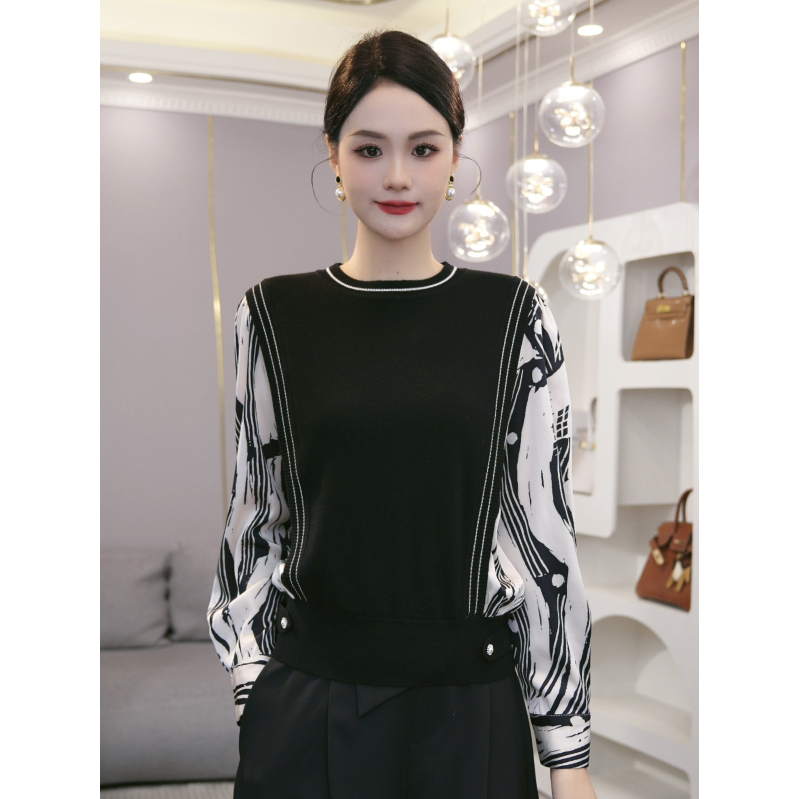 2026秋冬新款【5871】含绵羊毛圆领假两件斑马纹拼接小众针织衫毛