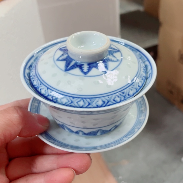 青花玲珑三才盖碗朱雀