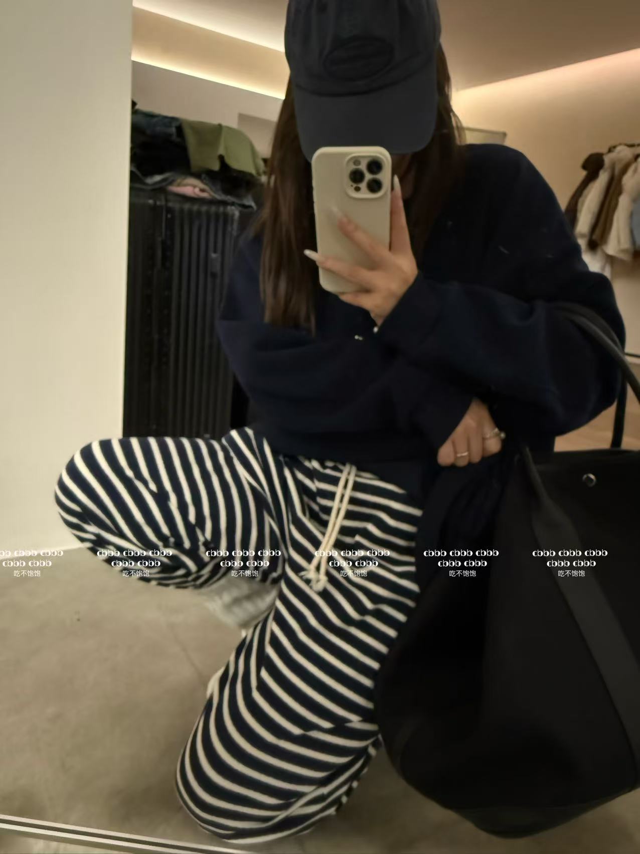 【吃不饱饱】大码 撞色条纹阔腿裤高腰垂感宽松慵懒休闲裤95