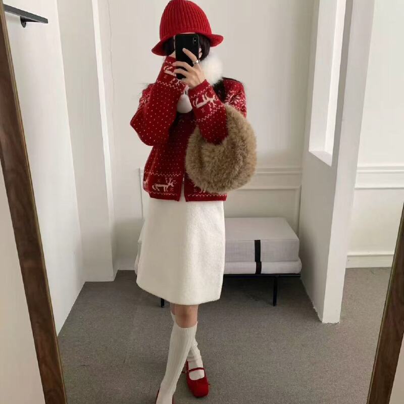 温柔瑶-尺奈冬季新款-韩系圆领费尔岛开衫毛衣-7098