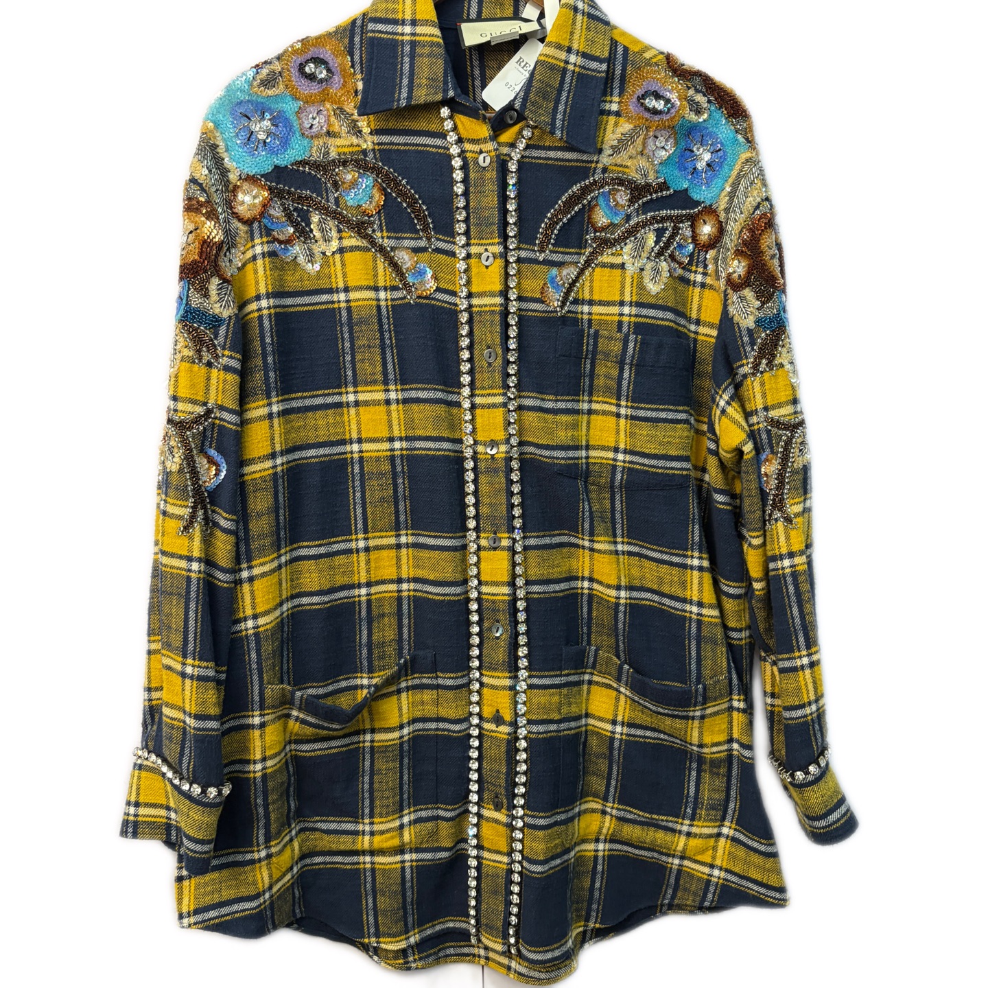 99新 GUCCI/古驰 02269 重工亮钻格纹衬衣 40码 