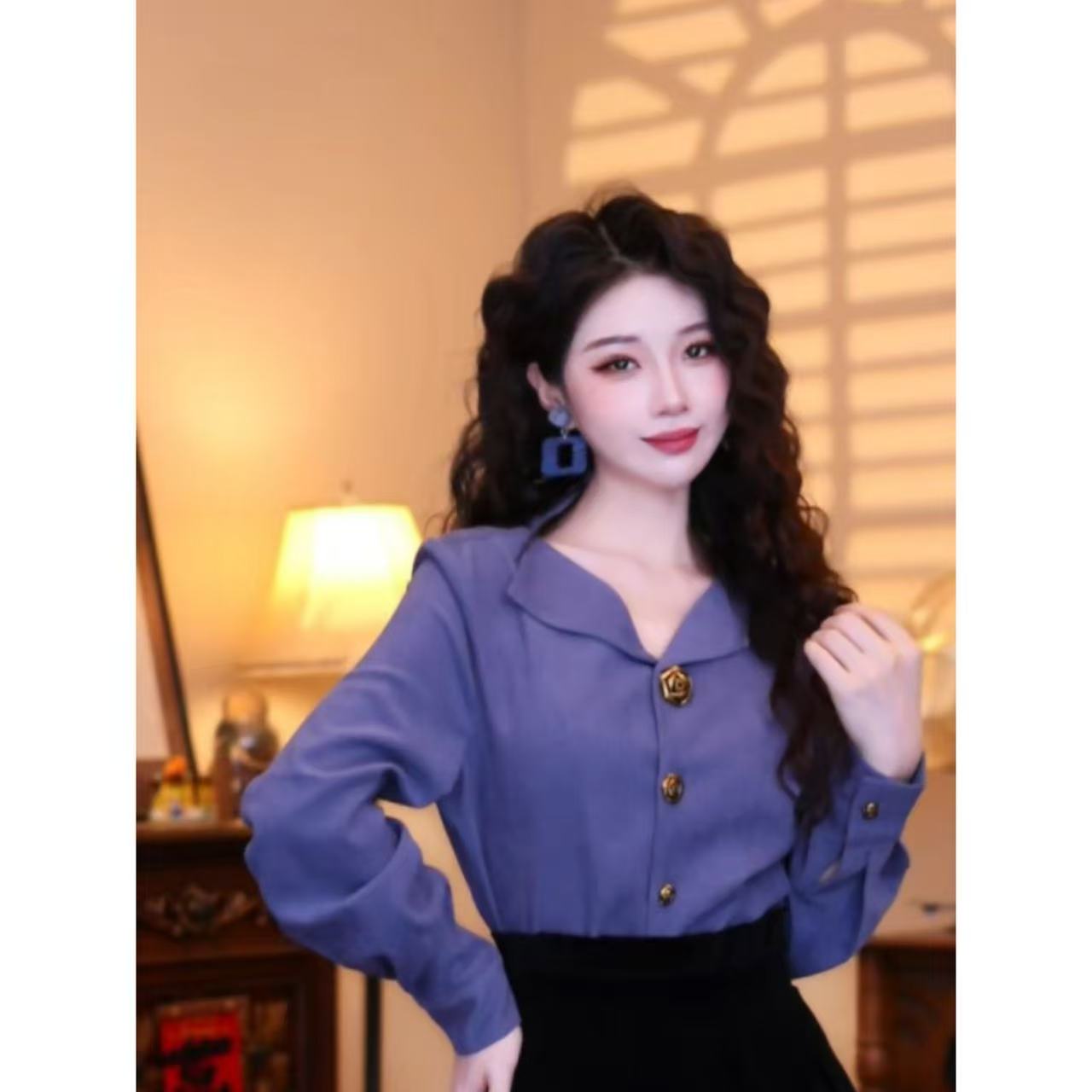 蒋肉肉【梦里行舟】港味复古时尚气质设计感长袖上衣03179