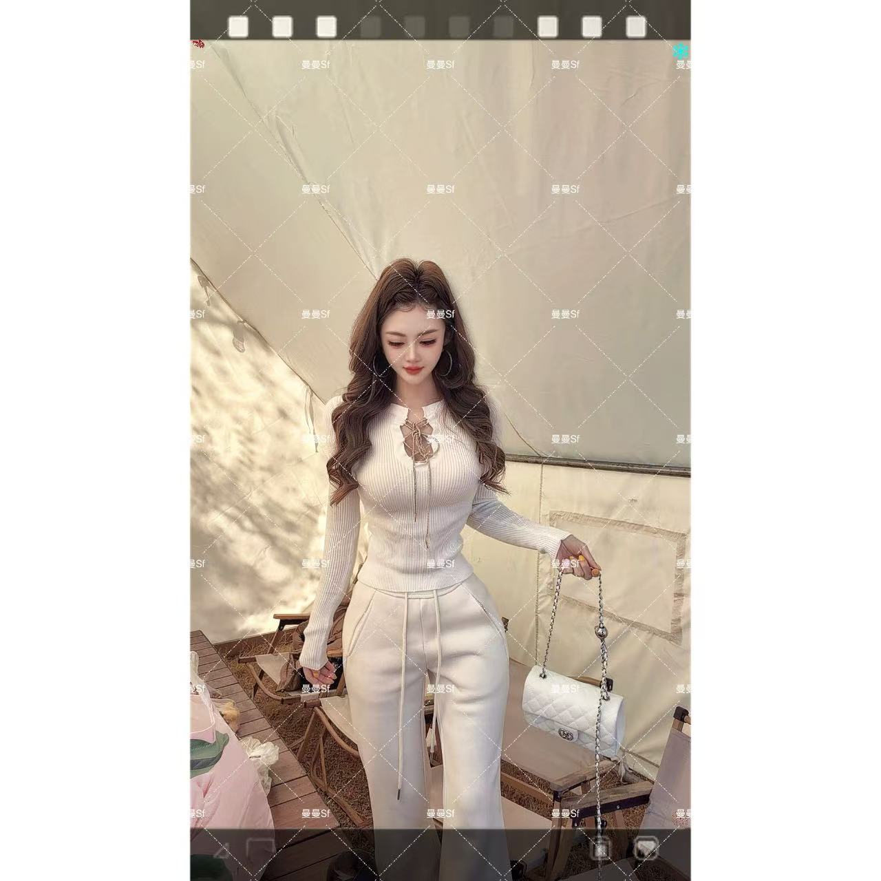 曼曼【温柔陷阱】加厚修身显瘦亮钻绑带长袖T恤251210#