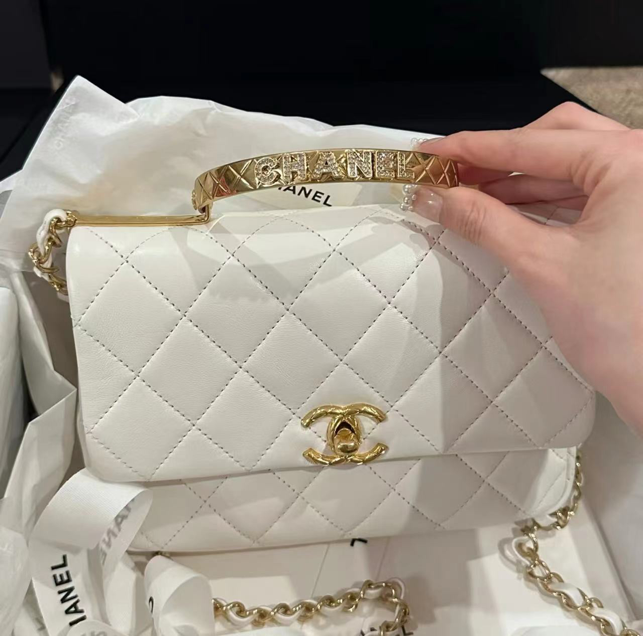 99新 Chanel/香奈儿 24c白金水钻手柄方胖子/DT045