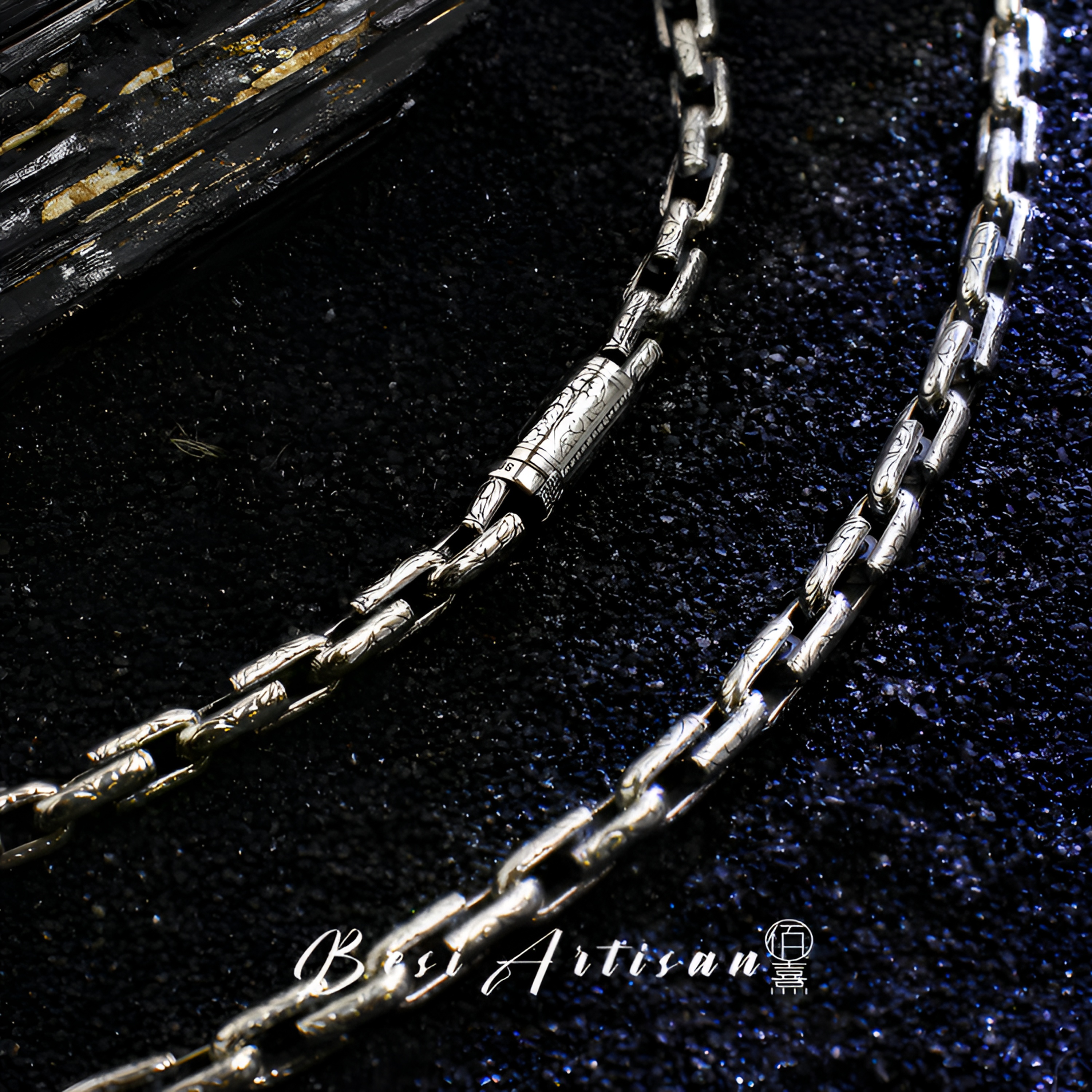 链子925银 唐草纹方扣男士时尚潮流项链简约复古小众个性百搭坠链