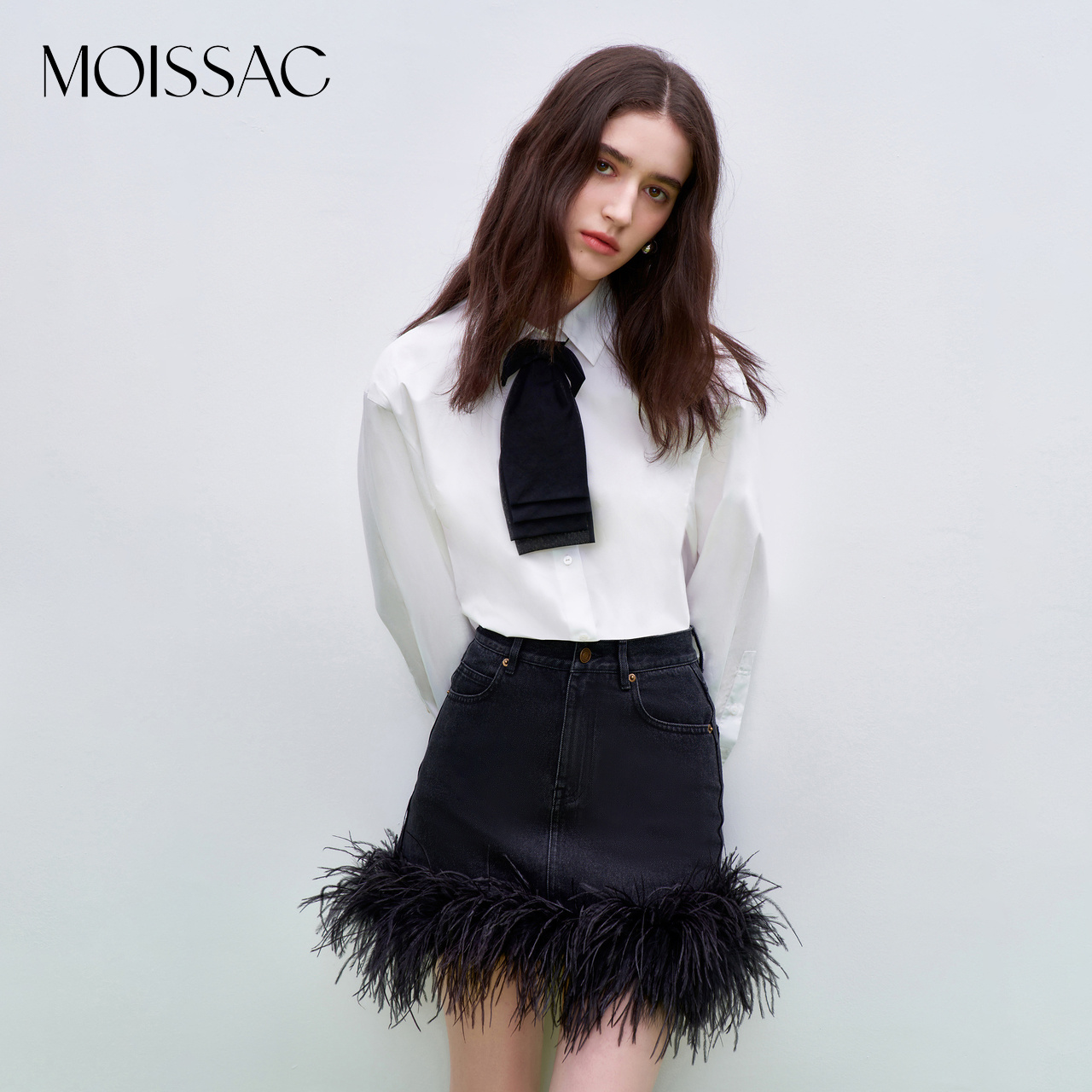 MOISSAC/摩萨克 秋季法式复古可拆卸领结宽松白衬衫MWDQ60105