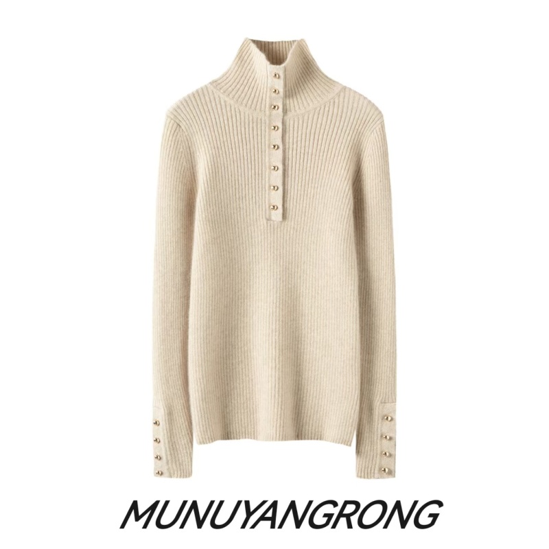 【100%纯山羊绒】轻奢~精致女人款重工金扣抽条百搭显瘦半高领羊绒
