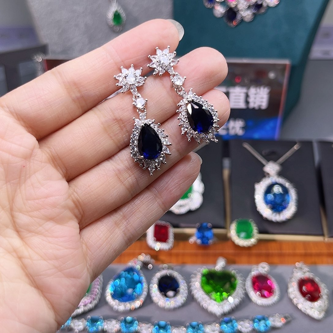 蓝宝石耳饰银S925镶嵌129