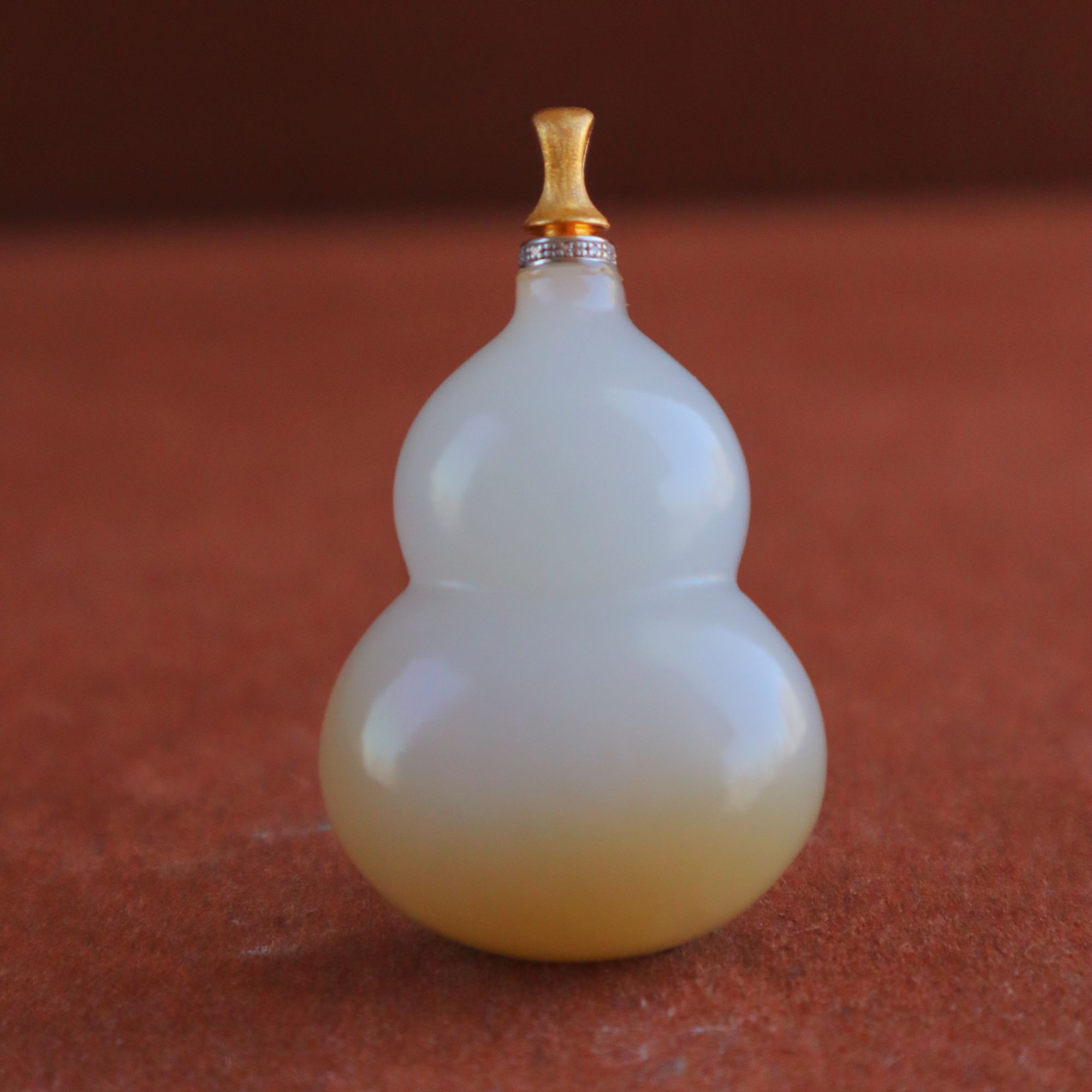 天然和田玉糖白玉大葫芦福禄18K金镶嵌吊坠挂件约25*35*12mm@0064