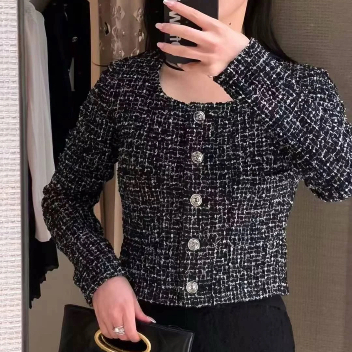未使用 Chanel/香奈儿 24B黑白格子花尼外套34码