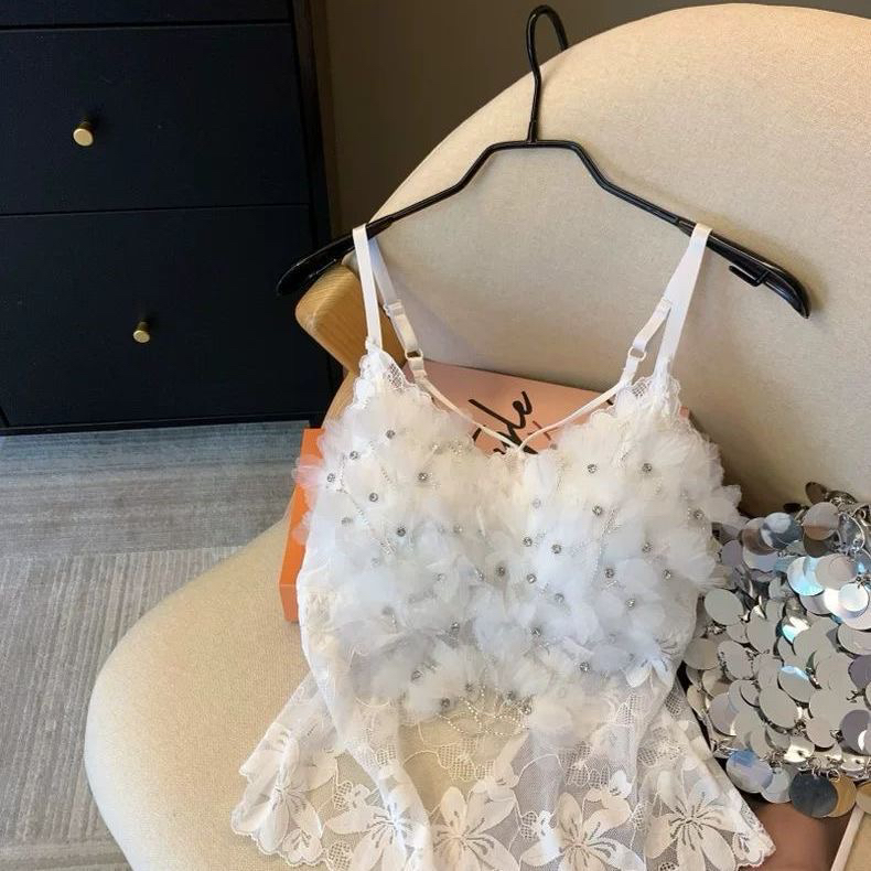 乔·白吊带 现货法式重工花朵镶钻带胸垫蕾丝吊带背心女夏季外
