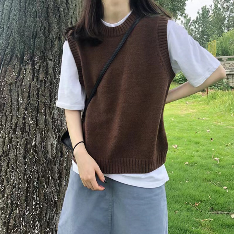 宽松韩版女百搭春季新款无袖马夹上衣圆领针织马甲纯色常规套头秋