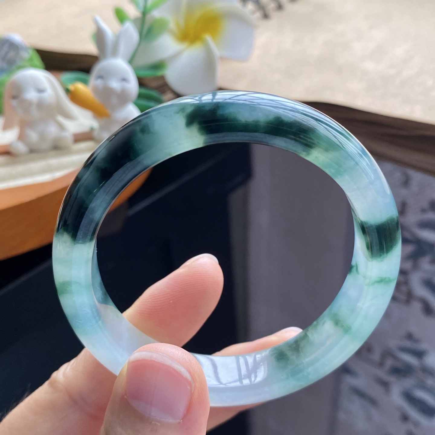 03.15批墨绿色飘花镯1877号53.4-12-7.8墨绿色！天然翡翠手镯