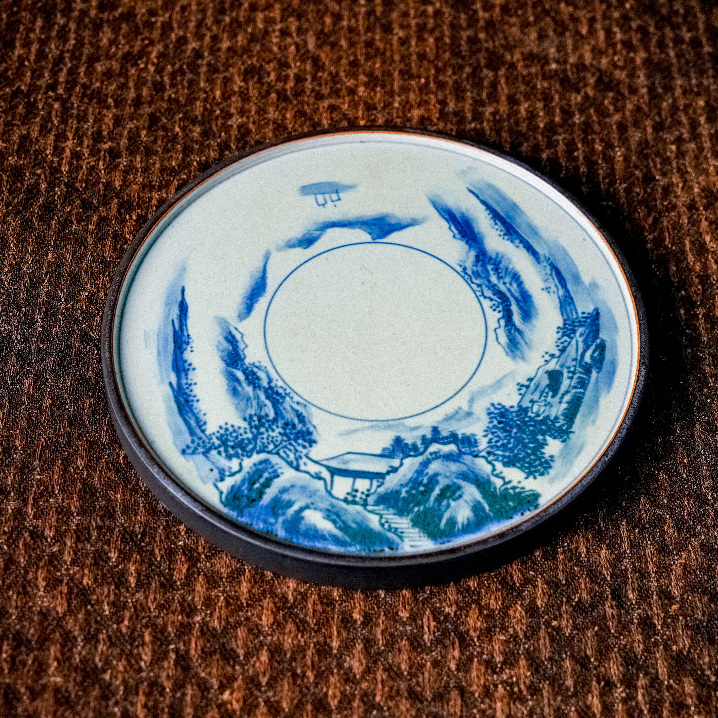 【朴云堂】登高访友观景山水圆壶承 直径16cm高1.3cm（朴盘0015）预售