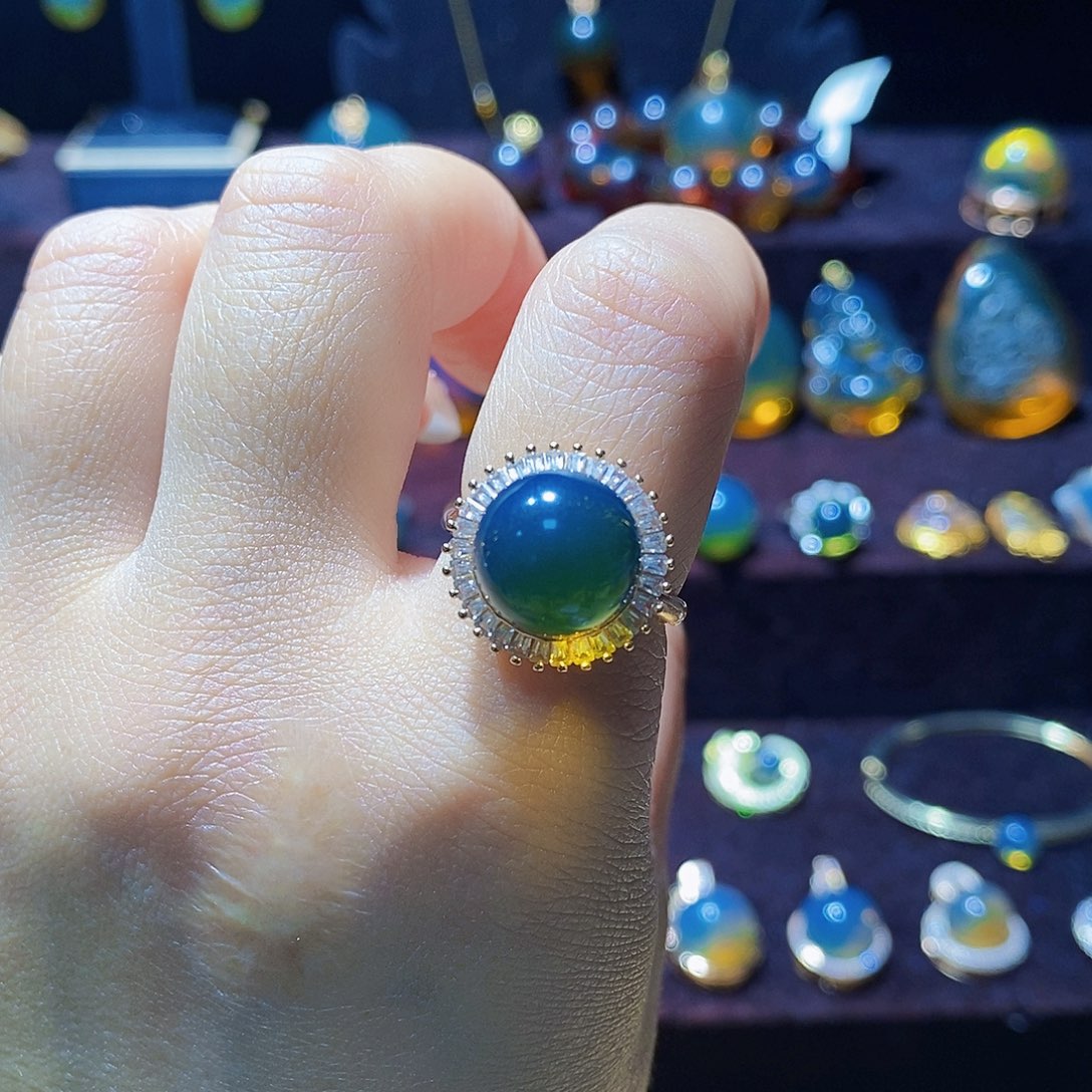 蓝珀戒指银S925镀金镶嵌戒指12m