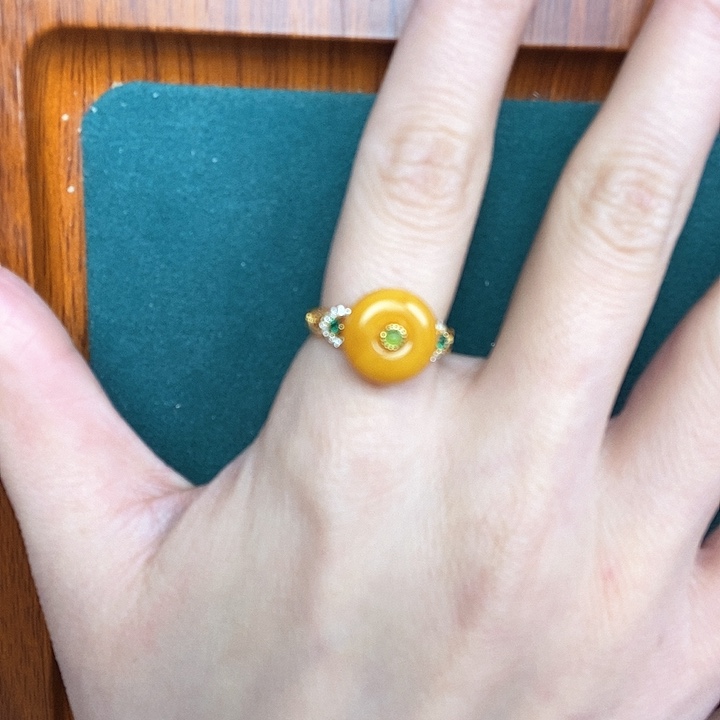 蜜蜡戒指银S925镶嵌戒指