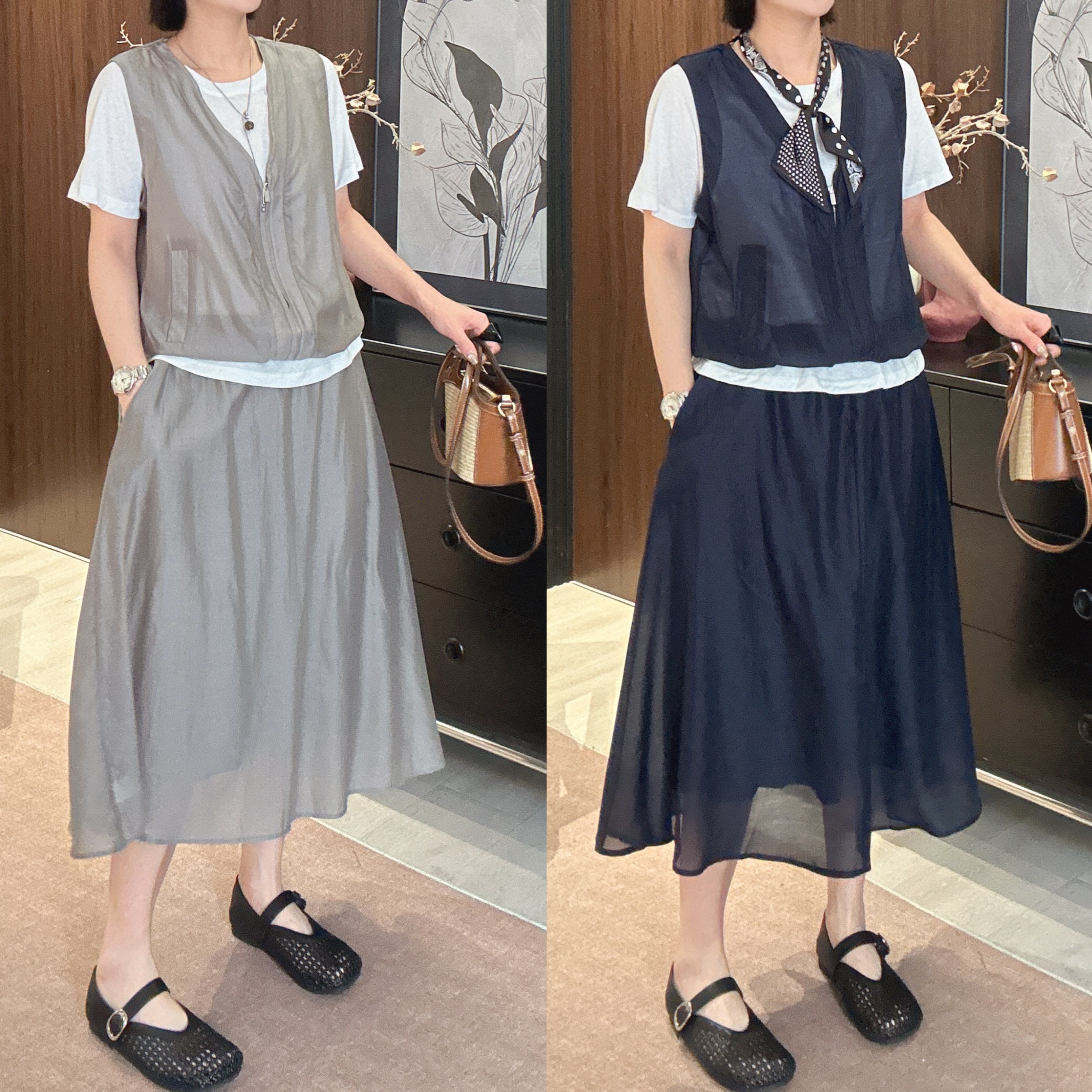 Dayuan 原创拼接假两件天丝上衣百搭T恤+半身裙两件套装50523