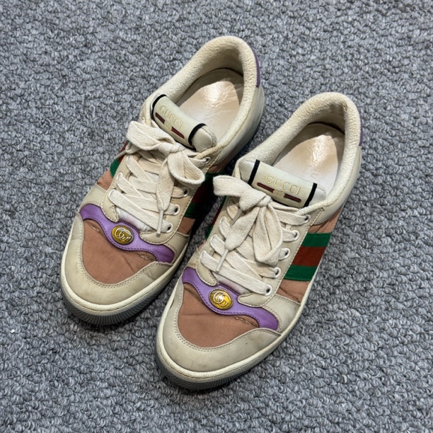 90新 GUCCI/古驰 瑕疵特价灰紫色配色脏脏鞋复古拼接女鞋37码2870