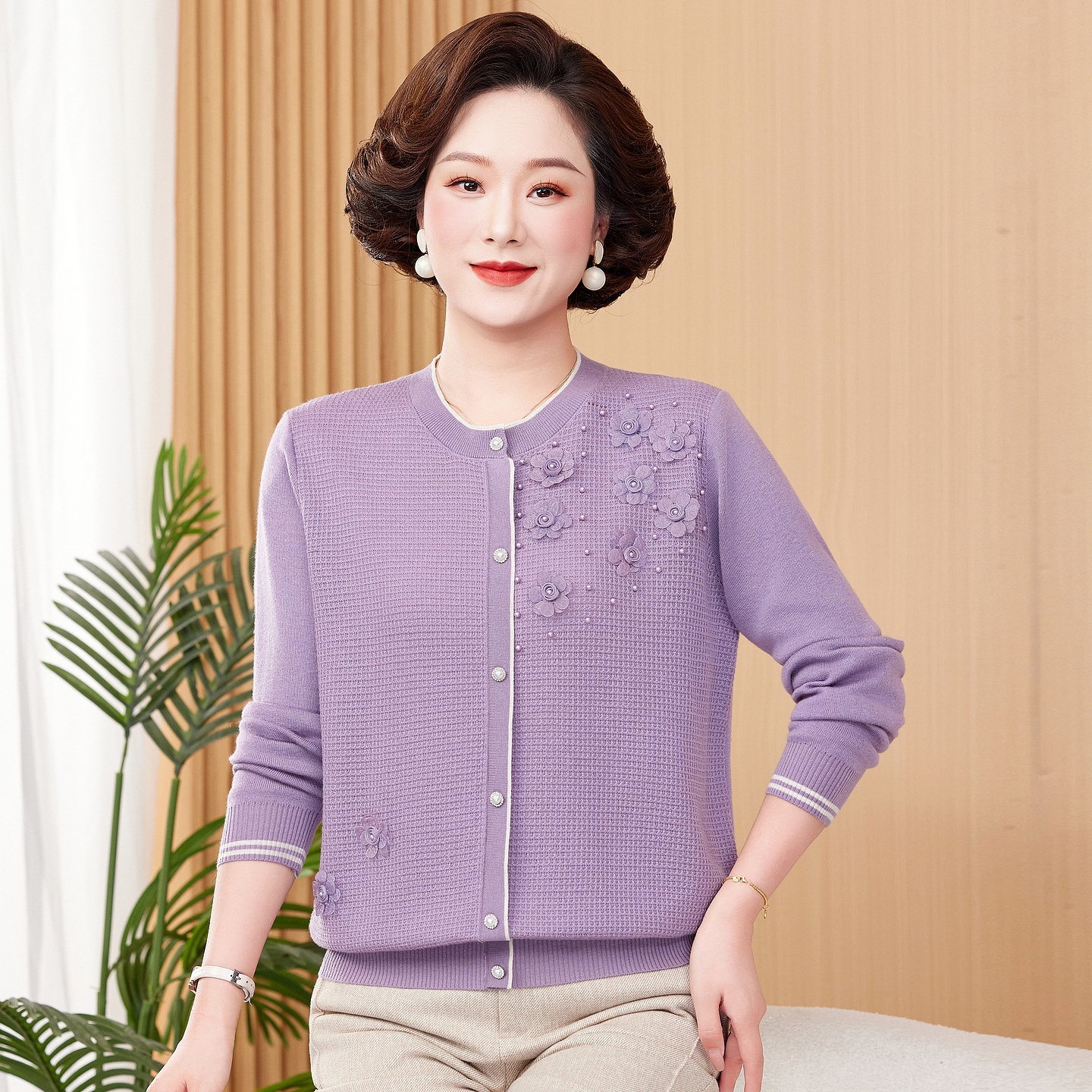 时尚妈妈秋装针织打底衫2025新款中老年女装春秋毛衣百搭长袖上衣