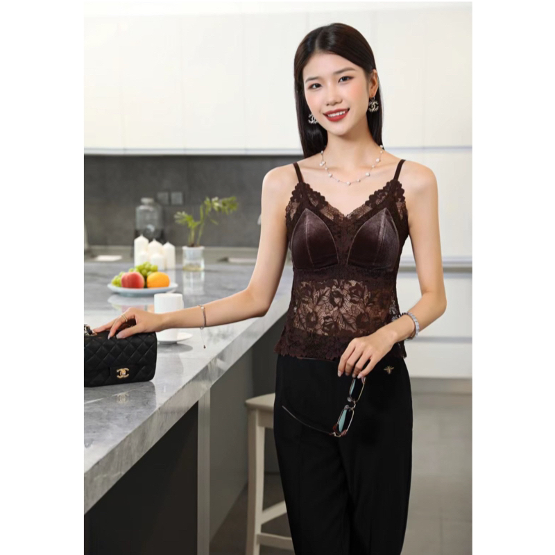 （丝绒蕾丝美背）新款蕾丝吊带女修身美背内搭百搭打底性感背心内衣