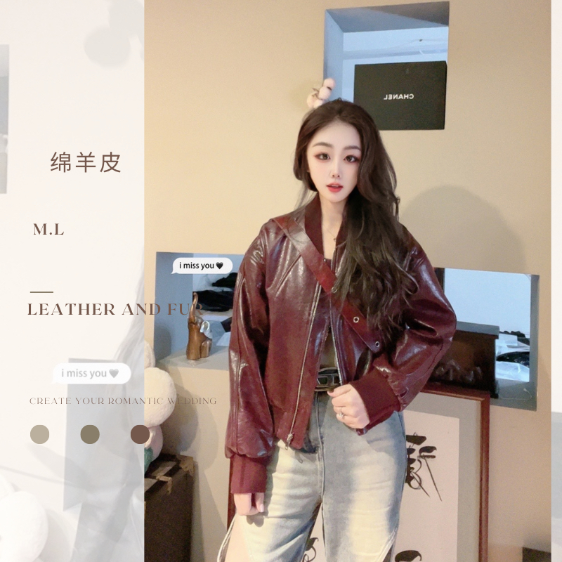 M.L经典复刻[玛莎红]油蜡小皮衣外套女羊皮外套L绵羊皮休闲百搭