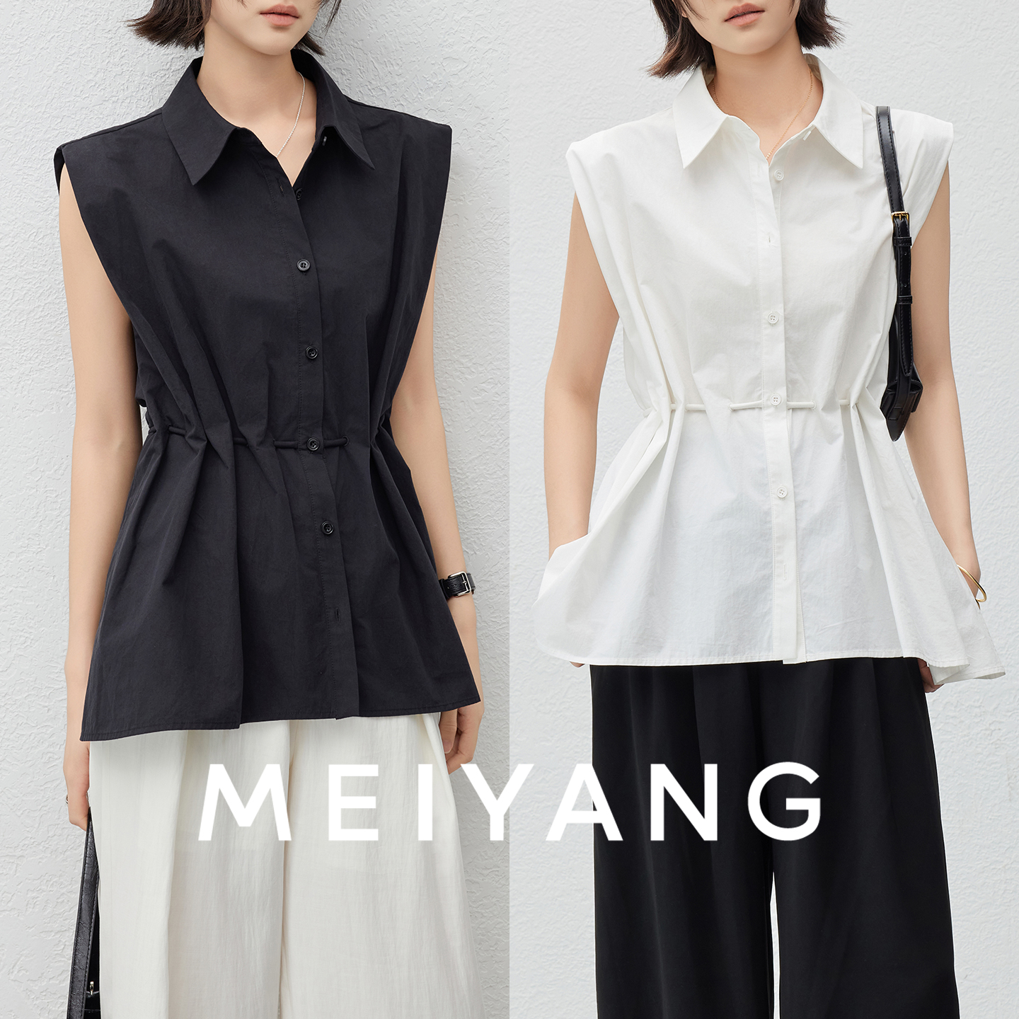 美洋MEIYANG【商场同款】花束无袖衬衫 休闲翻领排扣腰带衬衣大码