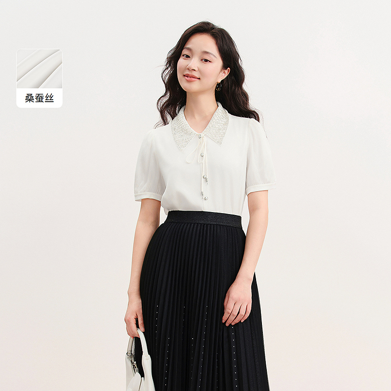 【商场同款】璀璨系列珂莱蒂尔丝绸蕾丝气质针织时尚百搭女士上衣