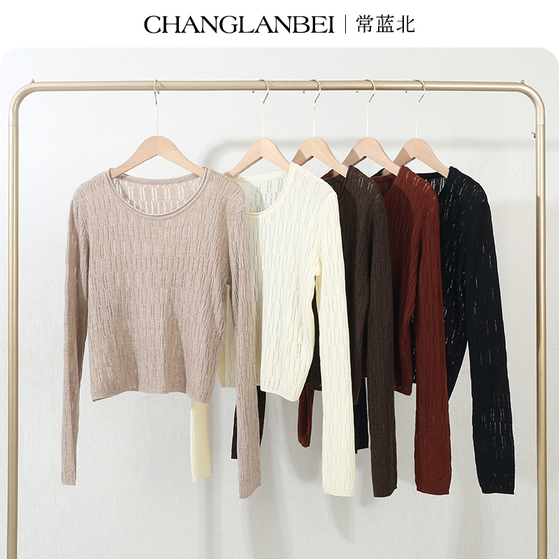 【常蓝北】秋季新款针织衫女显瘦时尚修身百搭设计款镂空长袖针织衫