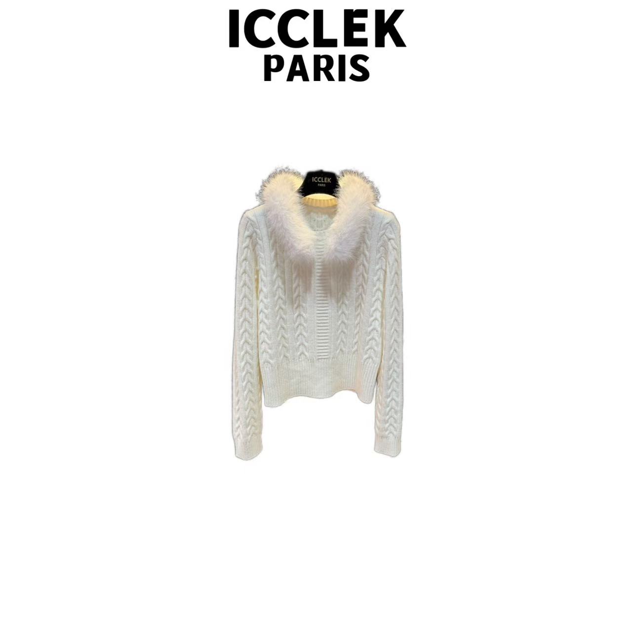 ICCLEK 白色毛茸茸围脖开襟气质轻奢名媛宽松外套秋冬上衣 -9428