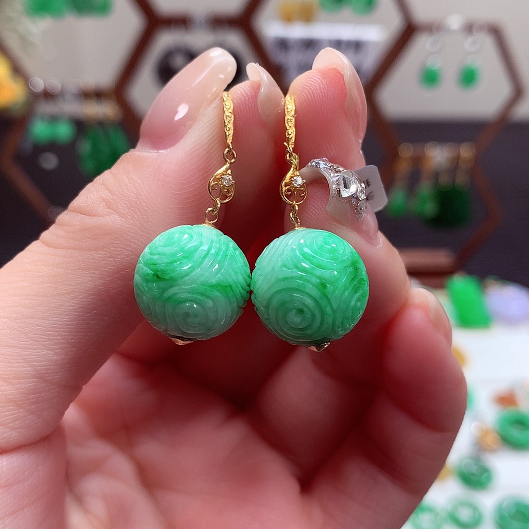 翡翠耳饰18K金镶嵌天然翡翠