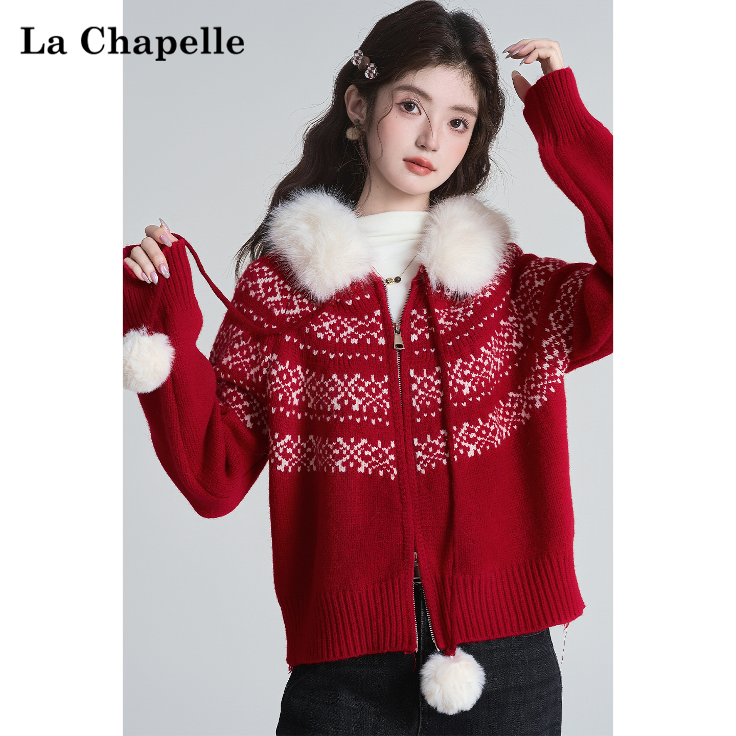 拉夏贝尔复古连帽红色毛衣外套女冬季费尔岛新年圣诞穿搭针织开衫