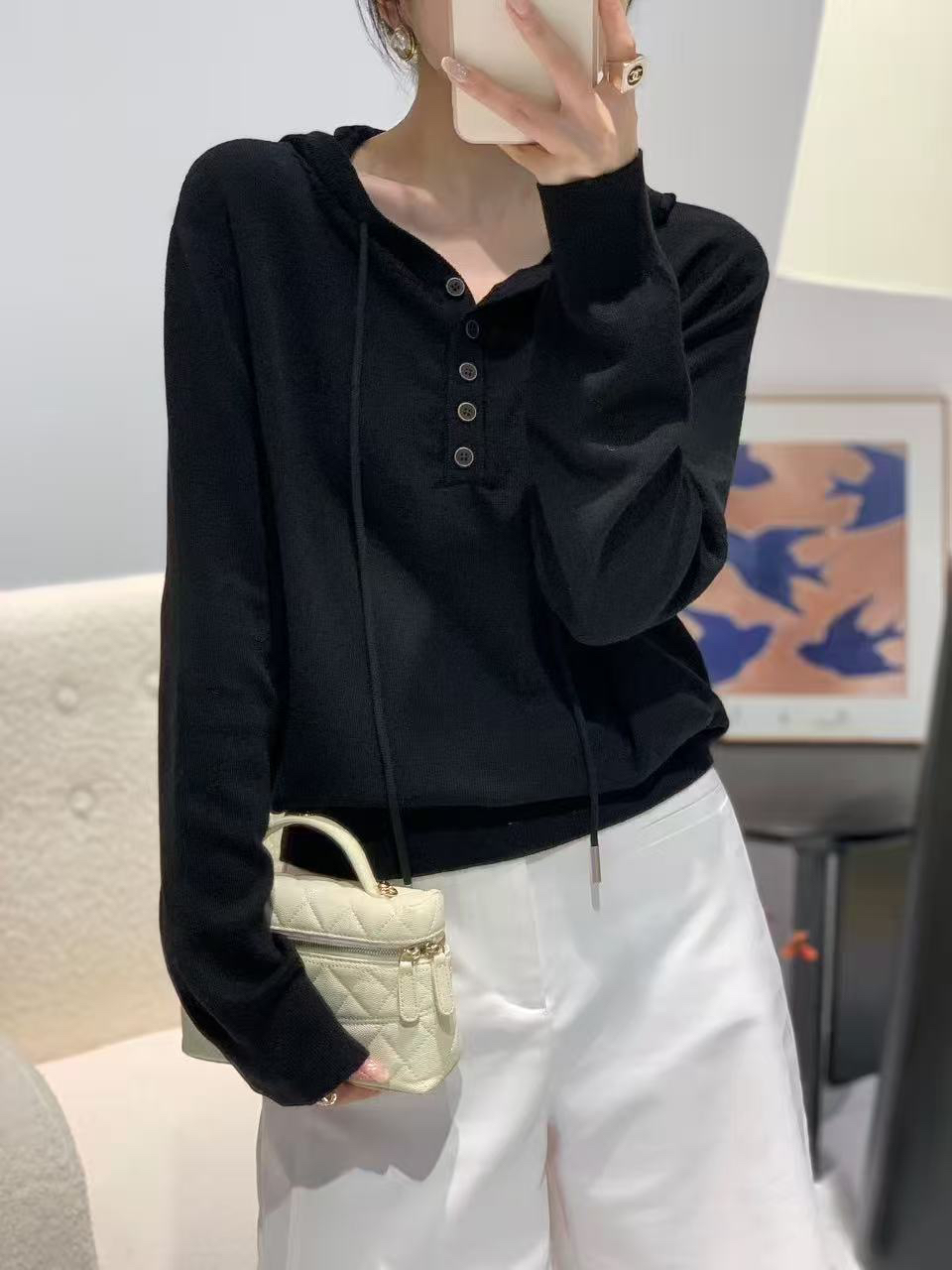 女连帽毛针织衫双拉链针织连帽衫打底毛衣针织衫上衣001