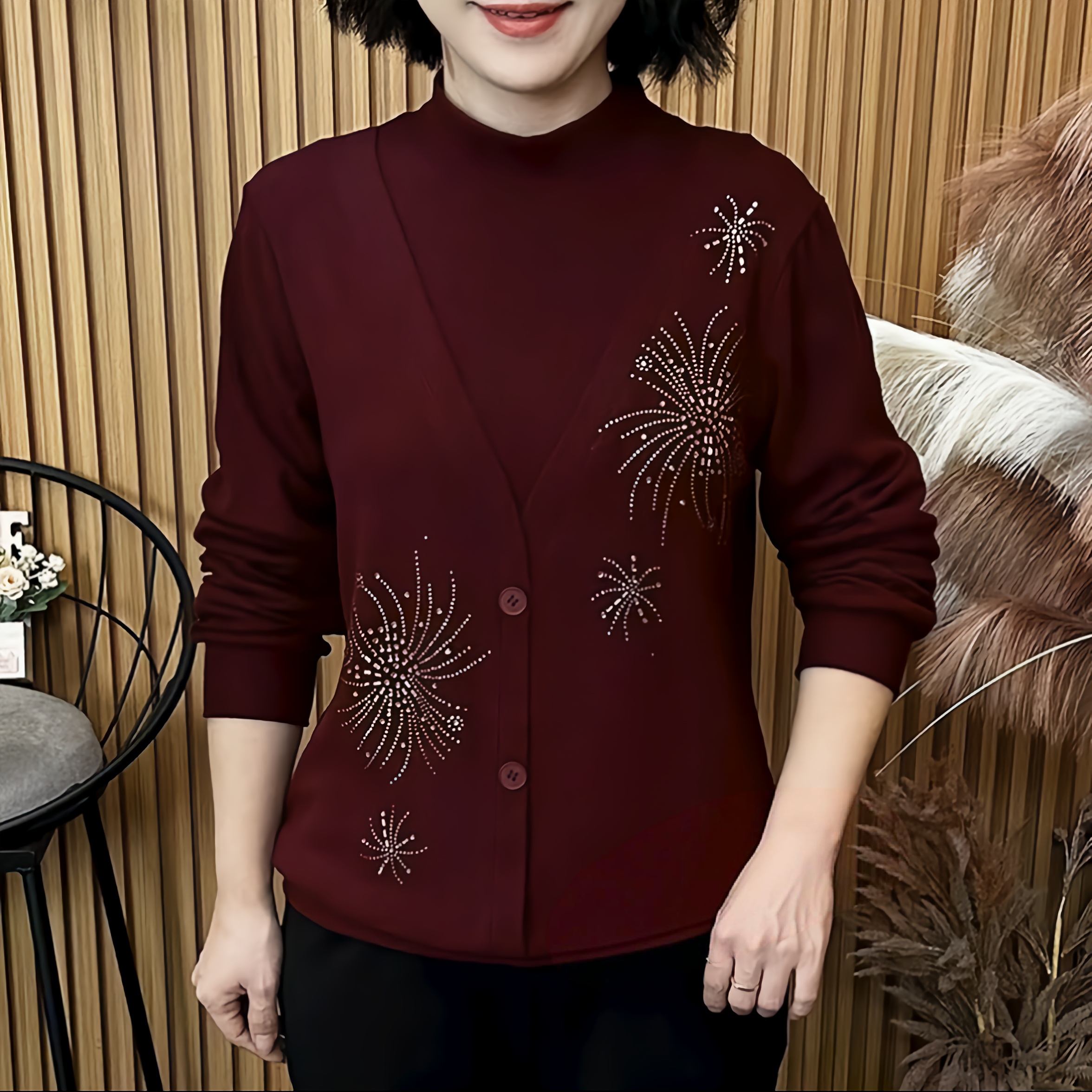 品秋冬新款加厚双面绒半高领烫钻宽松显瘦假两件气质妈妈装