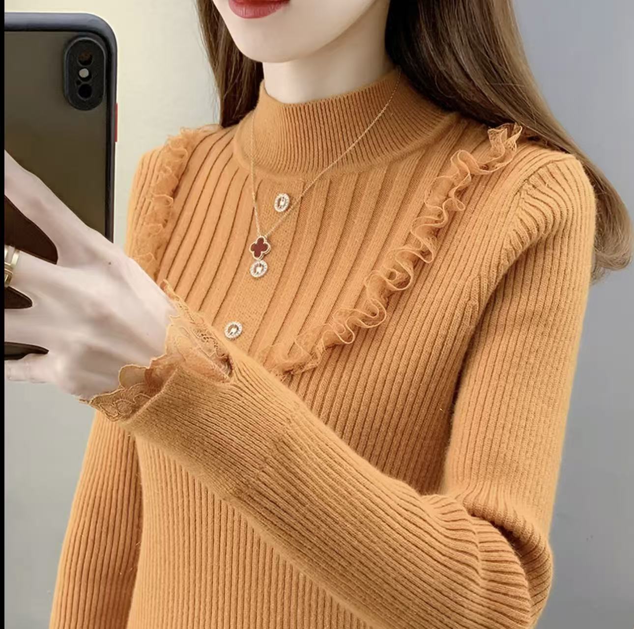 【玉姐】冬季新款蕾丝荷叶边套头洋气修身毛衣f609 J02713