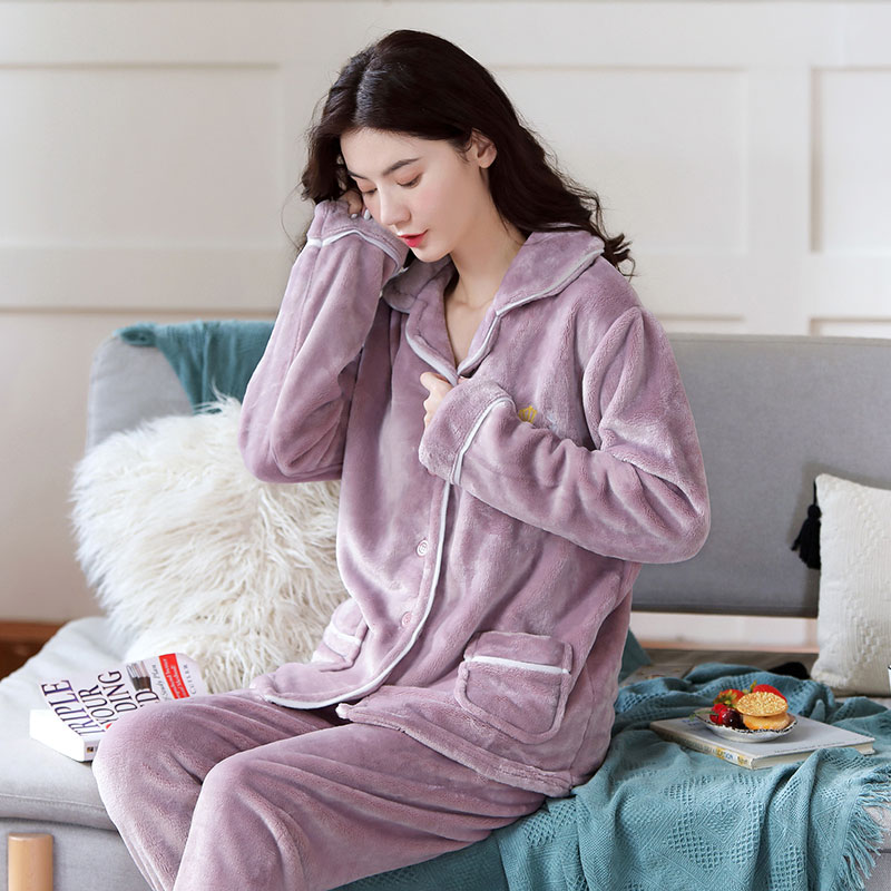 秋冬季新款法兰绒睡衣女士加厚外穿加厚大码珊瑚绒保暖家居服套装