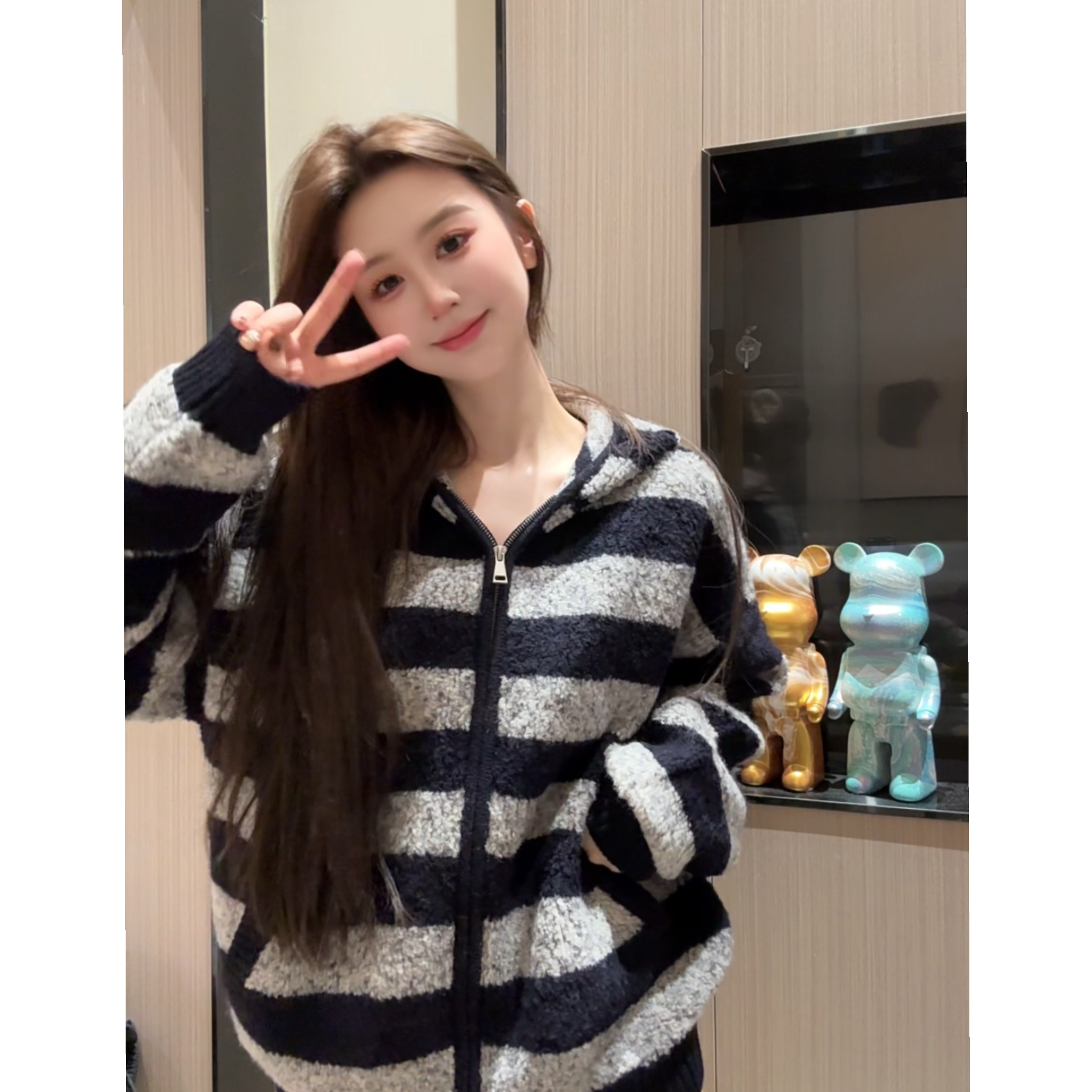 条纹连帽拉链毛衣开衫外套女2025新款秋冬季高级感韩系慵懒风上衣